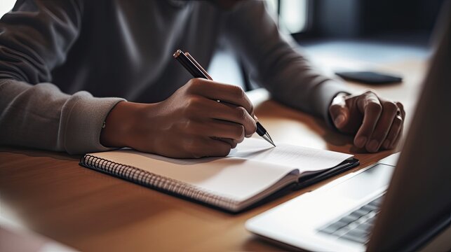 close up of young man writing in notebook while working at office