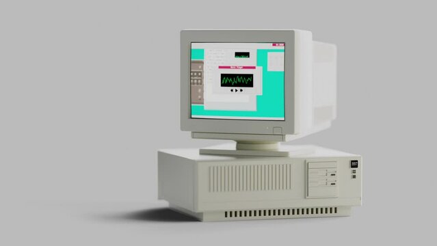 Retro Aesthetic of a Falling CRT Monitor and Vintage Desktop Computer. Vintage Charm Intro 3D Render.