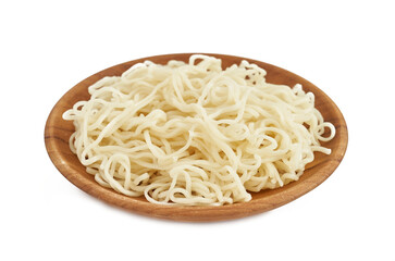egg ramen noodle in wood plate isolated on white background. pile of egg ramen noodle isolated....