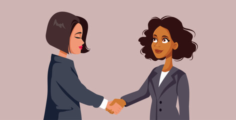 Businesswomen Shaking Hands Closing a Deal Vector Cartoon Illustration. Happy businesspeople greeting with a handshake forming partnership 
