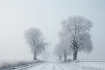 Fototapeta premium scenic winter drive through a forested area with snow-covered trees lining the road Generative AI