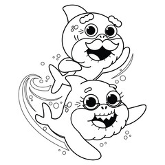 Baby Shark Coloring Page,  Easy Shark Vector Illustration for Kids With Mommy, Daddy, Grandpa, and More.