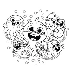 Baby Shark Coloring Page,  Easy Shark Vector Illustration for Kids With Mommy, Daddy, Grandpa, and More.