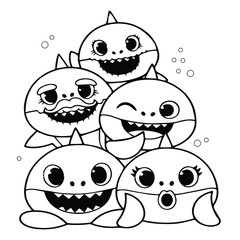 Baby Shark Coloring Page,  Easy Shark Vector Illustration for Kids With Mommy, Daddy, Grandpa, and More.