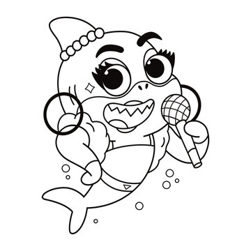 Baby Shark Coloring Page,  Easy Shark Vector Illustration for Kids With Mommy, Daddy, Grandpa, and More.