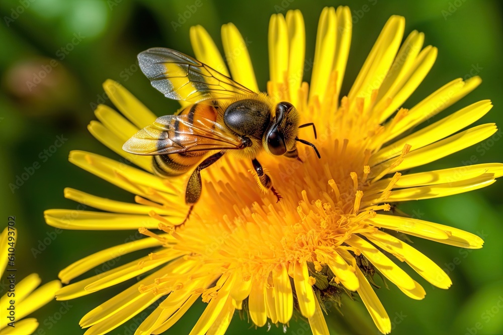 Wall mural two bees pollinating a yellow flower in a garden Generative AI