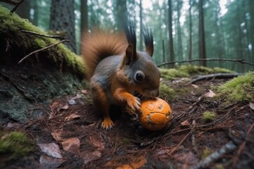 Fototapeta premium playful squirrel enjoying a ball in a natural setting Generative AI