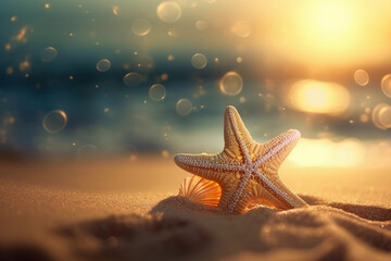 Fototapeta na wymiar starfish at sunset on the beach, in the style of photorealistic fantasies