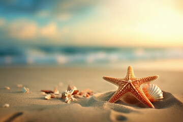 Fototapeta na wymiar starfish at sunset on the beach, in the style of photorealistic fantasies