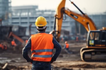 Construction worker wearing safety harness and excavator wearing orange reflective vest standing in front at construction site.Generated with AI