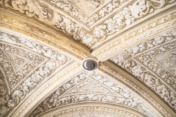 Decorated ceiling detail in an arched ceiling in an old medieval castle