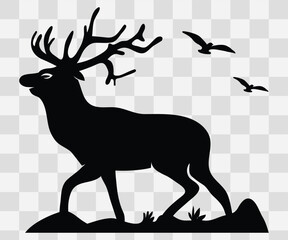 Silhouette deer and flying birds. Silhouette Animals Collection.