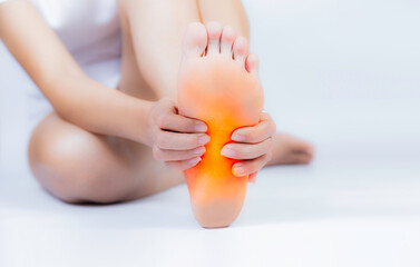 Foot pain, plantar fasciitis pain in the foot of the elderly. Symptoms of peripheral neuropathy....