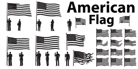 A set of silhouette American flag vector illustration