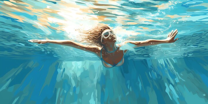 Swimming: Underwater tranquility as a swimmer glides gracefully through crystal-clear waters, embracing the serenity and elegance of summer sports. Generative AI.