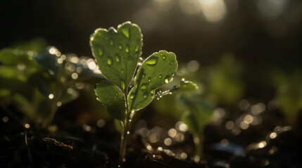 macro of young plant with drops of water in sunlight, illustration, Generative AI