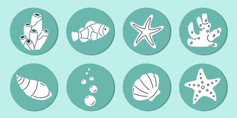 Sea reef dwellers outline doodle icons set corals, seashell, starfish, clown fish and air bubbles