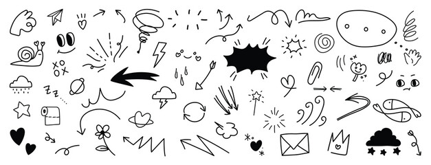 Fototapeta na wymiar Set of cute pen line doodle element vector. Hand drawn doodle style collection of heart, arrows, scribble, speech bubble, star, snail, fish. Design for print, cartoon, card, decoration, sticker.