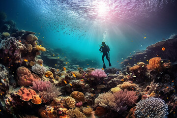 Fototapeta na wymiar Silhouette of a Diver Swims Between the Colorful Coral Reef with Beautiful Underwater Ocean View