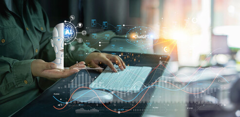 BI-Business intelligence and Chat AI. Process data driven insight to make wise decisions. Artificial intelligence using AI smart robot technology inputting commands for big data analysis future.