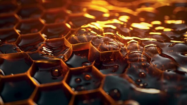 Macro shot of delicious honey inside a beehive show the hexagon patterns of the honeycomb. Looping