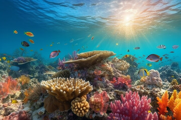 Fototapeta na wymiar Underwater View with Various Types of Fish Corals Reef and Diversity of Marine Life