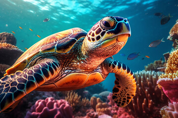 Fototapeta na wymiar Beautiful Underwater Ocean Sea View with Big Turtle Swimming Between Colorful Coral Reef