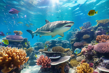 Fototapeta na wymiar Beautiful Underwater View with Shark Swims Between the Colorful Coral Reef Abundant Marine Life
