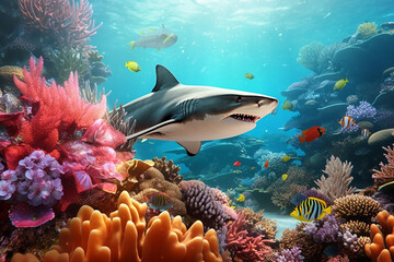 Beautiful Underwater View with Shark Whale Swims Between the Colorful Coral Reef Abundant Marine Life
