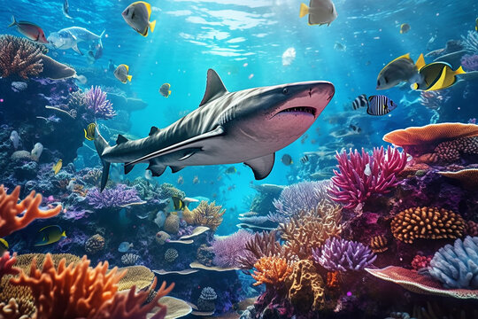 Beautiful Underwater View with Shark Swims Between the Colorful Coral Reef