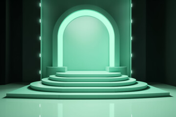 Pastel Green Display mock up 3D luxury stage with LED light and simple shape decoration around it. generative AI