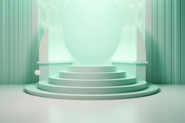 Obraz premium Pastel Green Display mock up 3D luxury stage with LED light and simple shape decoration around it. generative AI