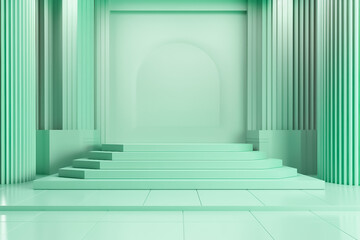 Pastel Green Display mock up 3D luxury stage with LED light and simple shape decoration around it. generative AI