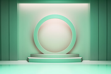 Pastel Green Display mock up 3D luxury stage with LED light and simple shape decoration around it. generative AI