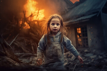 Frightened child against the background of a destroyed house. Generative AI