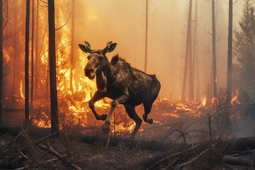 Moose escapes forest fire. Generative AI