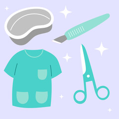Cute medical sticker set. Hand drawn healthcare cartoon doodle surgical blade scissor uniform. Bundle of nursery kid graphic print for hospital clinic pharmacy emergency doctor vector