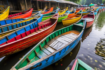 Fototapeta na wymiar Illustration of colorful fishing boats in a tropical Asian village, AI-Generated image. 