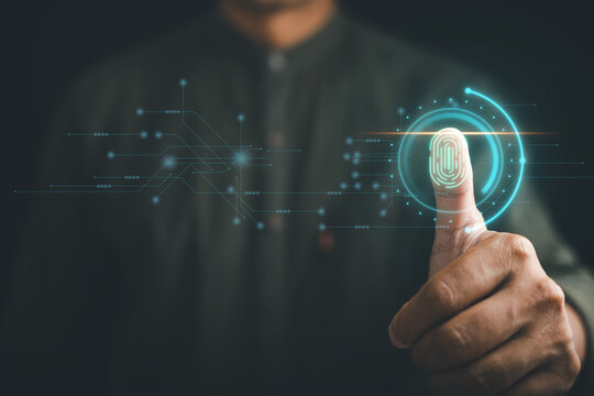 Thumbs up with virtual fingerprint to scan identity and access password. Technology security system to prevent unauthorized data breaches. Strengthen your digital safety and protect your identity. - Powered by Adobe