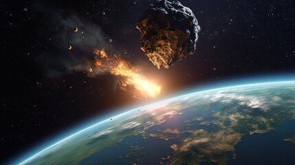 The asteroid flies at high speed near the earth's orbit. A meteorite is approaching Earth. fire is caused by passage through the upper atmosphere. Generative AI 