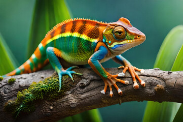 close-up of colorful Chameleons on a twig with a blurred background
