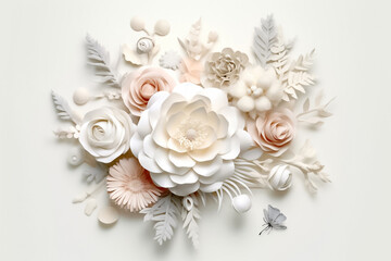 Obraz na płótnie Canvas Pop up 3D mockup featuring delicate white flowers and leaves gracefully emerging against a clean white background. generative AI.