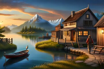 Fototapeta premium Digital art of a wooden house on one side of a river with snow covered mountain in the background..
