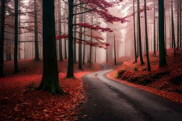 A road passing through the woods during autumn season, created with Generative AI