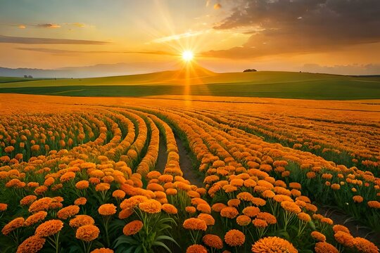 Dramatic sunset over a field of orange marigold flowers, created with Generative AI