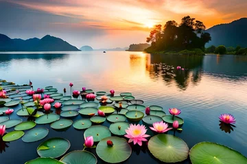 Fototapeten Water lotus flowers in a lake, created with generative AI. © saurav005
