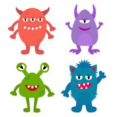 Cute monsters set. Kids cartoon character design for poster, baby products logo and packaging design. Vector flat illustration.