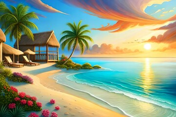 Sunset on a beautiful sunny beach with palm trees, beach shack and sunbeds, created with generative AI.