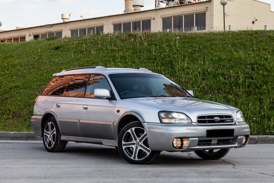 Front View of Subaru Legacy Lancaster  japanese car in beige color on the parking.