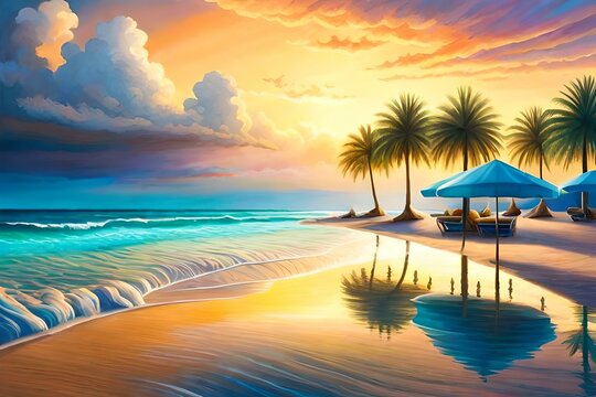 Sunset on a tropical sunny beach with palm trees and sunbeds, created with generative AI.